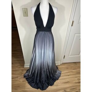 VTG Y2K Cache Halter Gown Sz 6 Black Silver Ombre Accordion Pleated Formal Dress